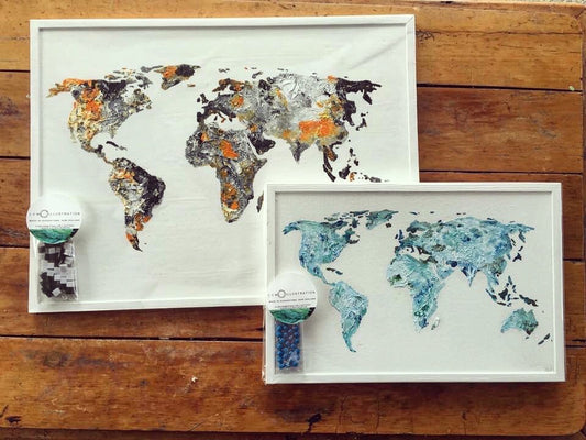 Original - ‘Pin Where You’ve Been’ - World Map - Oil Paint Cork Board - Blue / Green